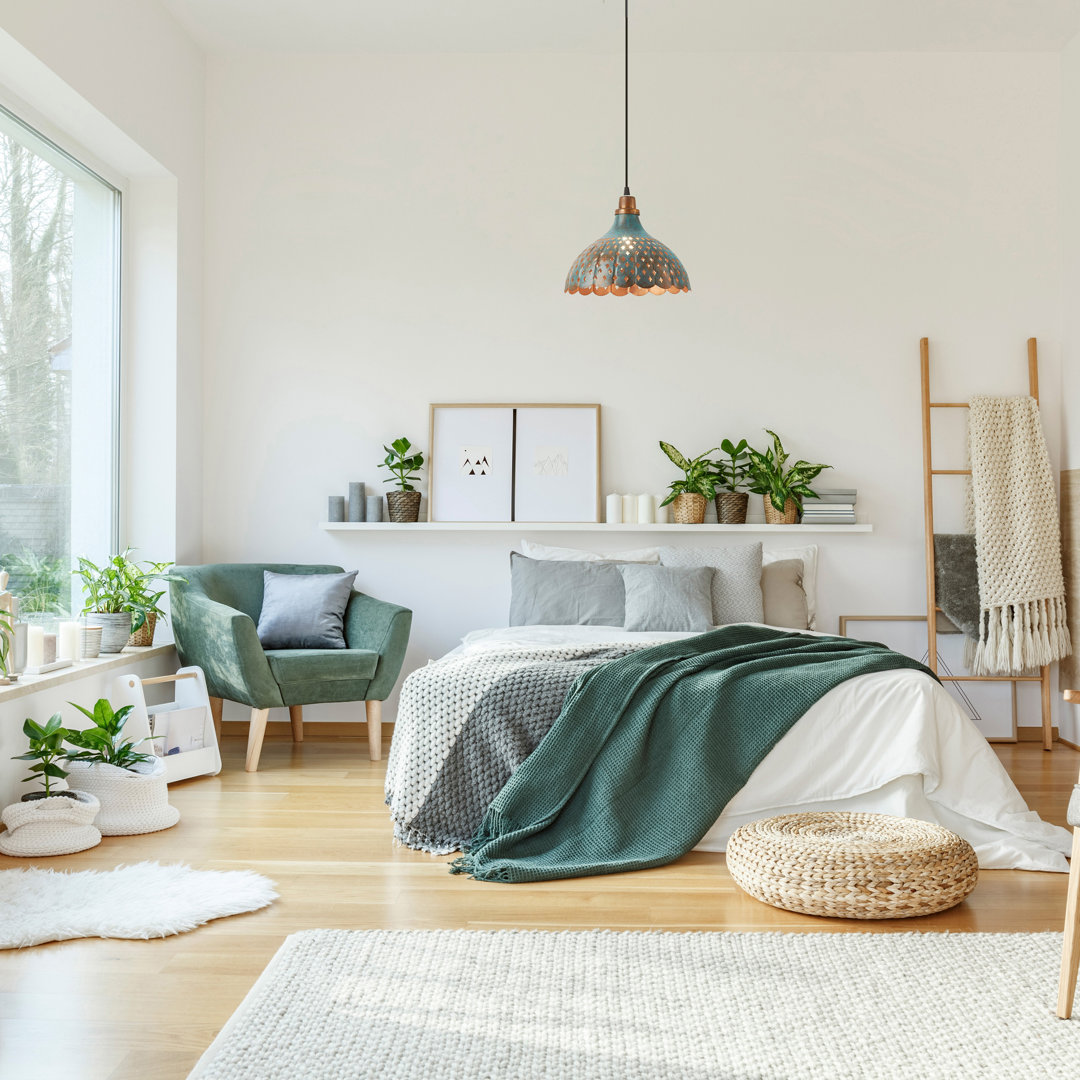 12"W 1-Light Mcmeans Faux Blue Patina Metal Pendant